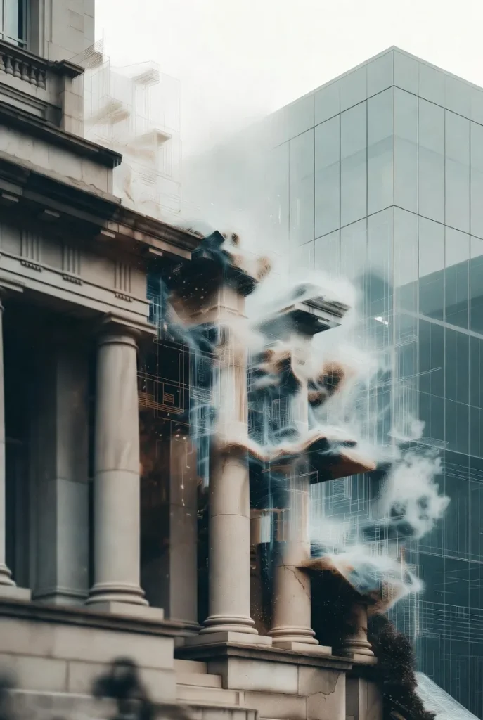 A columned stone building crumbling into dust as a glass tower rises beside it.