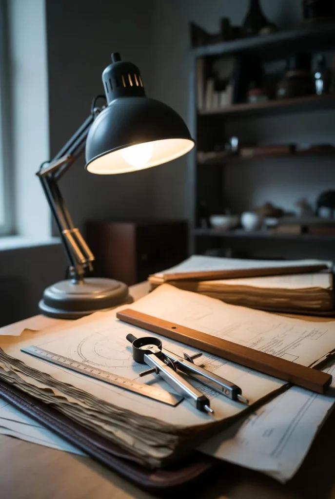 Drafting tools and old blueprints under a desk lamp.