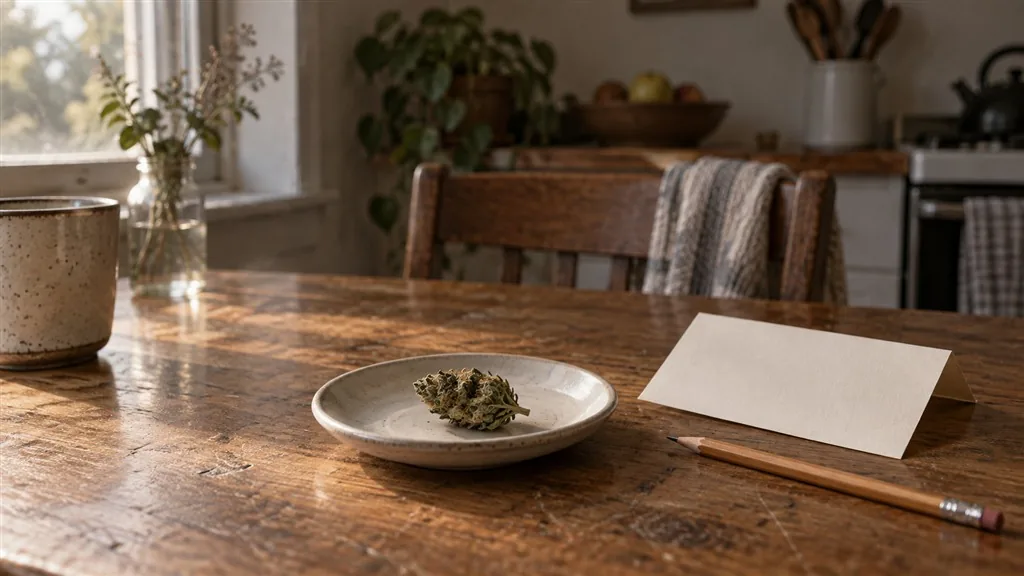 A single cannabis bud on a saucer beside a blank folded card and a pencil