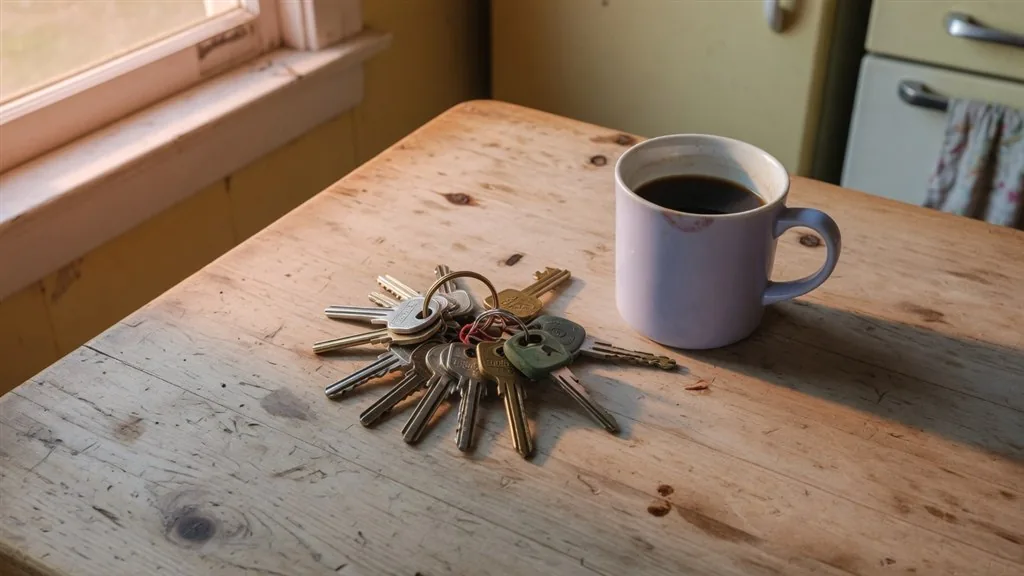 A ring of keys and a mug of coffee on a worn wooden kitchen table.