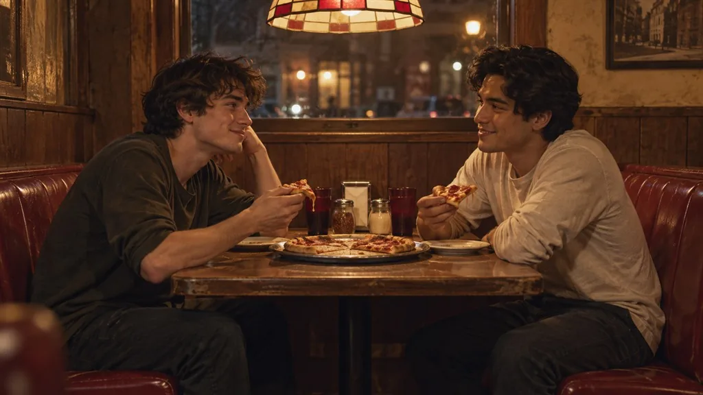 Two young men laughing together over pizza in a diner booth.