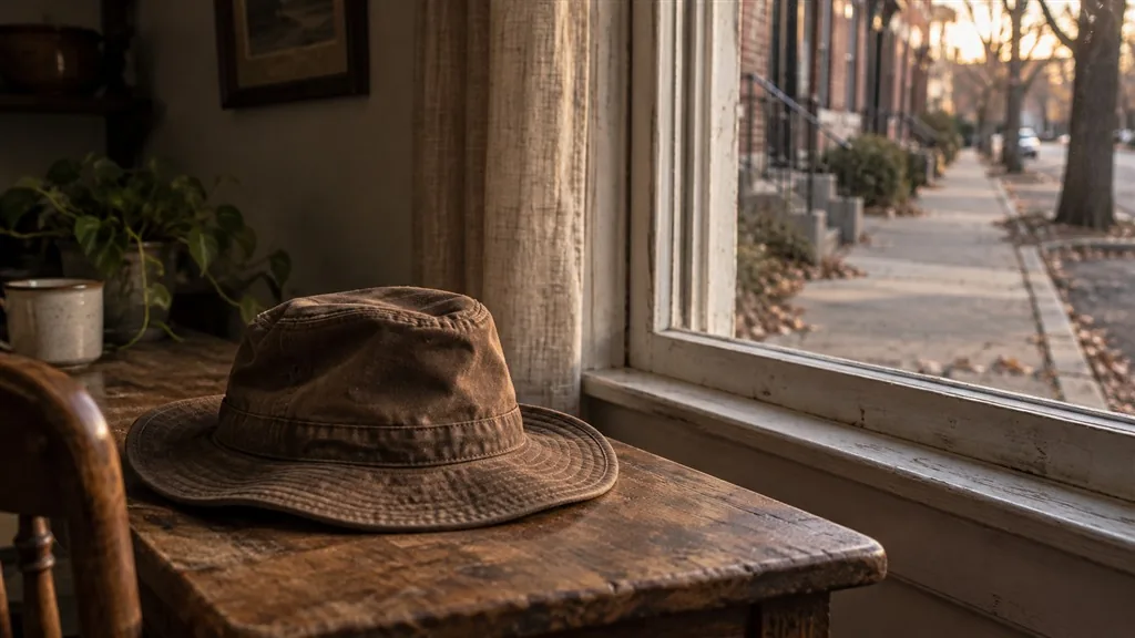 A worn brim hat on a table by a window overlooking a street
