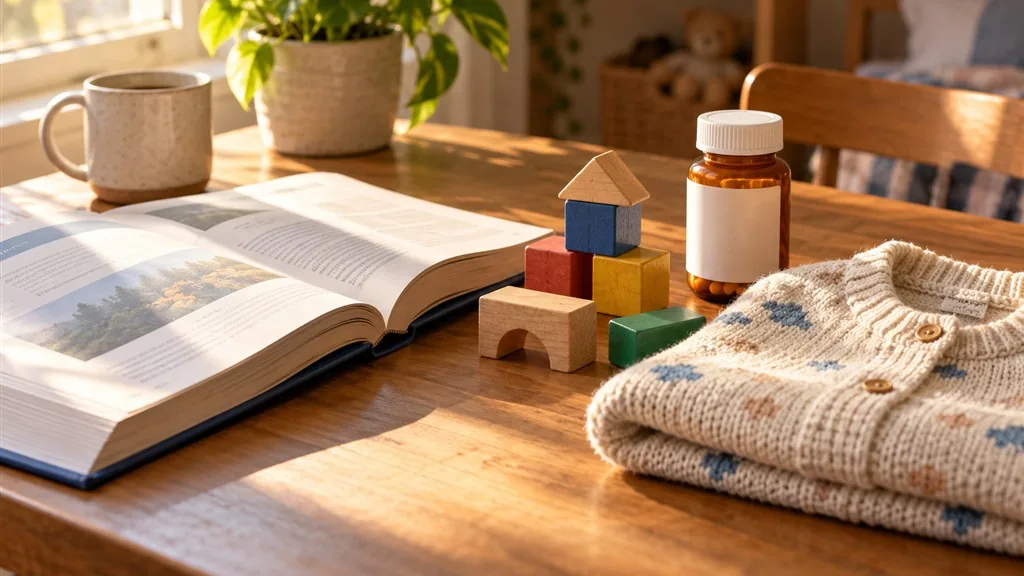 A sunlit kitchen table with an open book, wooden toy blocks, a pill bottle and a folded baby sweater.