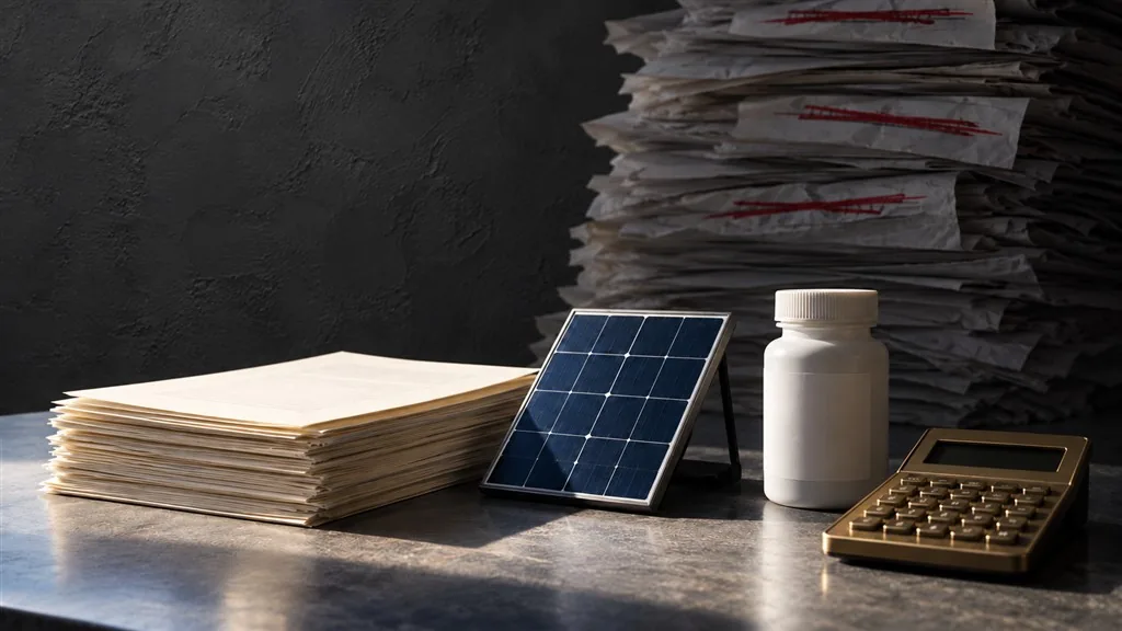 A dim desk with a stack of papers, a small solar panel, a pill bottle and a calculator, in front of a tall pile of files struck through in red.